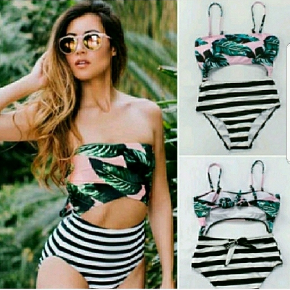 New High Waisted Floral Striped Monokini Swimmer